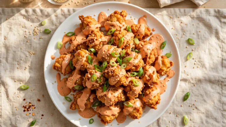 Crispy bang bang chicken pieces drizzled with pink bang bang sauce on a white plate