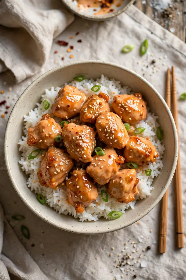  "Plated bang bang chicken garnished with green onions and sesame seeds served over rice"