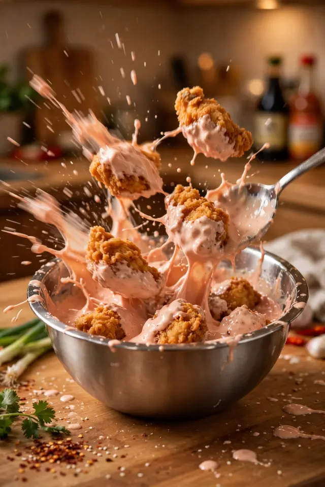 Crispy fried chicken pieces being tossed in pink bang bang sauce in a mixing bowl