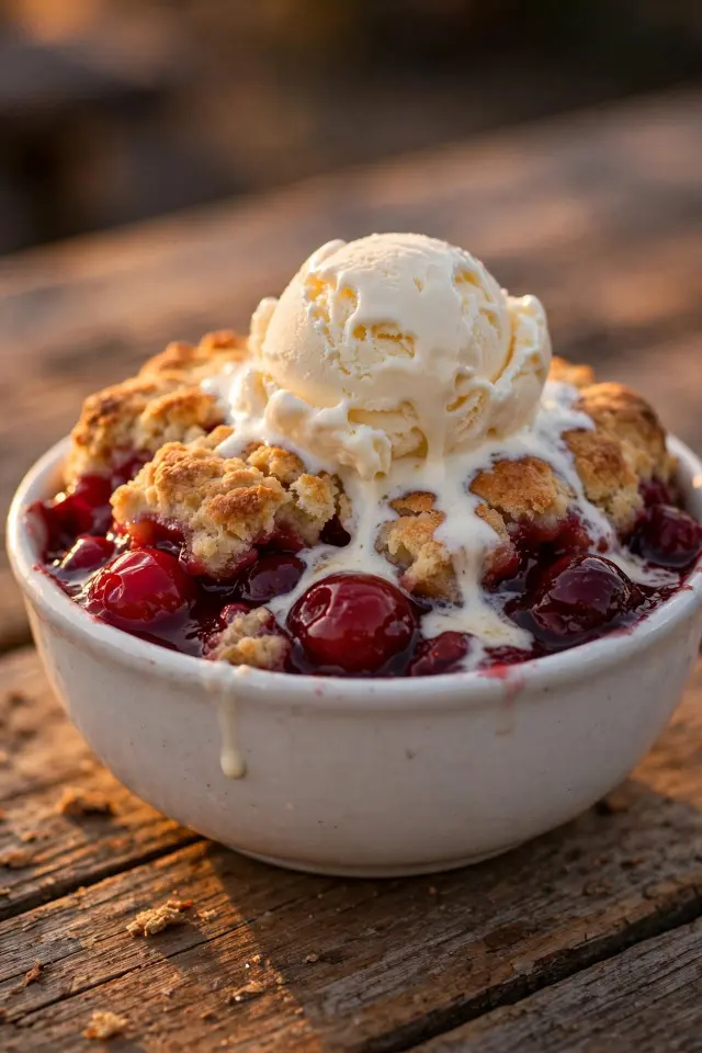 Slice of cherry cobbler served in a bowl with vanilla ice cream