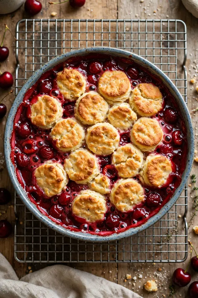 "Baked cherry cobbler cooling on a counter with golden bubbling filling