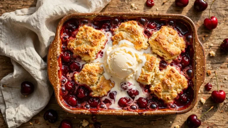 "Bowl of cherry cobbler with Flat-lay of cherry cobbler ingredients including pitted cherries, flour, butter, and sugargolden biscuit topping and a scoop of vanilla ice cream"