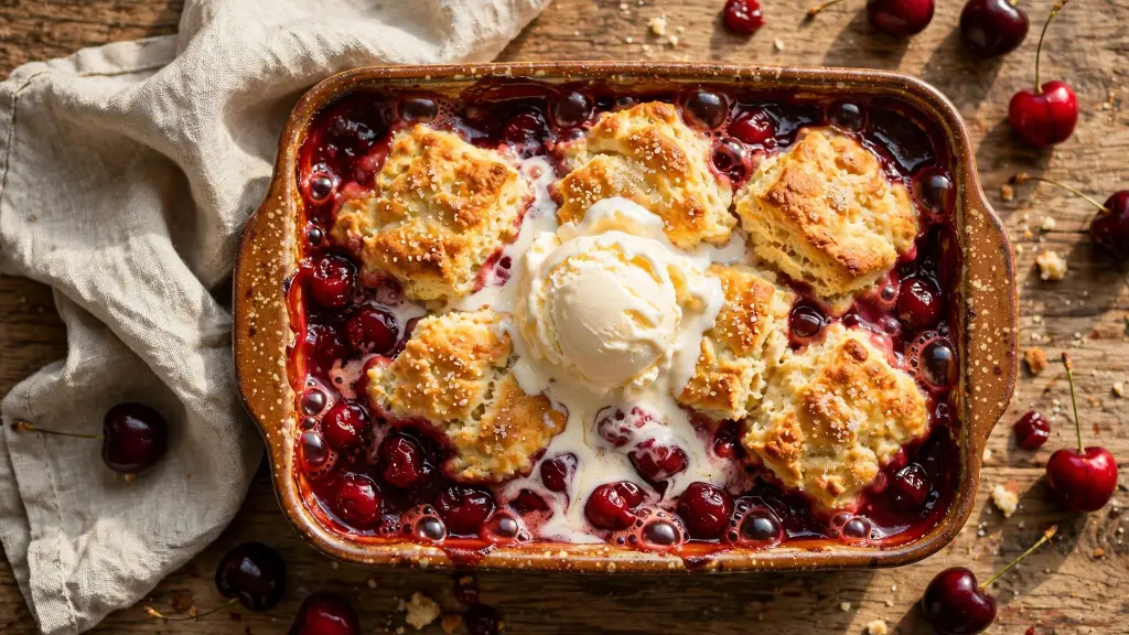 "Bowl of cherry cobbler with Flat-lay of cherry cobbler ingredients including pitted cherries, flour, butter, and sugargolden biscuit topping and a scoop of vanilla ice cream"