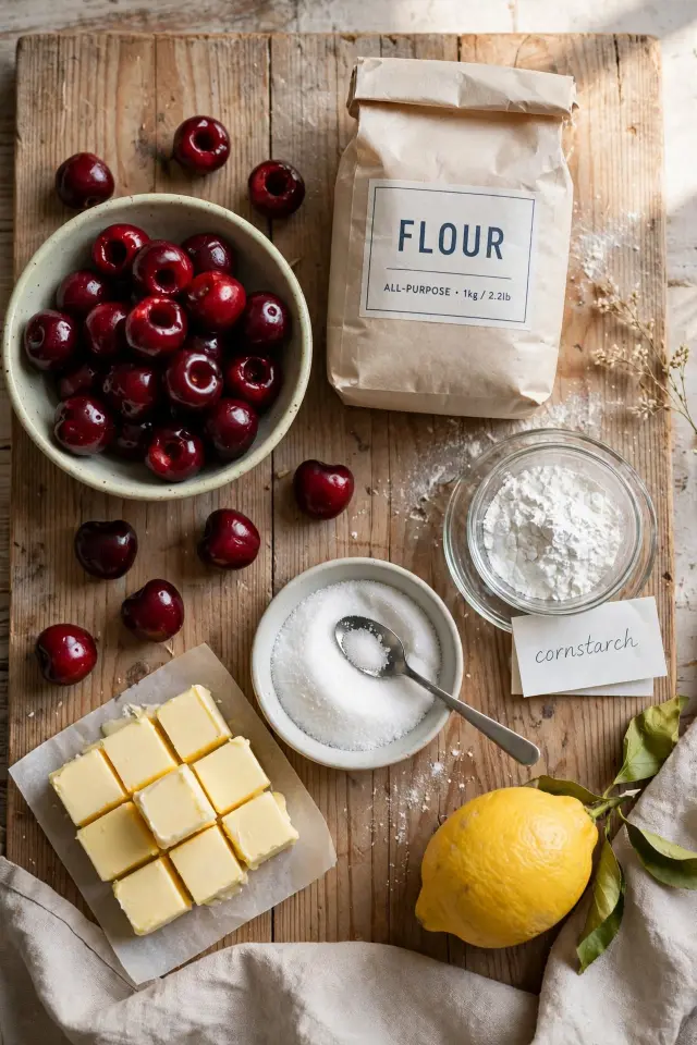 Flat-lay of cherry cobbler ingredients including pitted cherries, flour, butter, and sugar" |