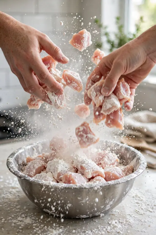 Chicken pieces being coated in cornstarch mixture in a glass bowl