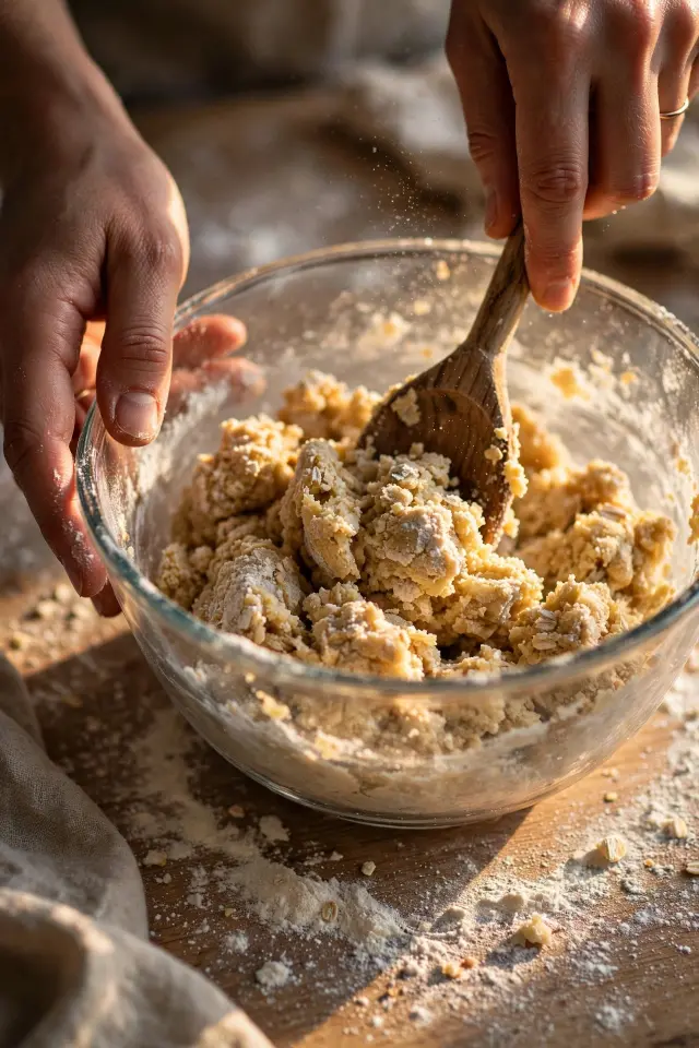 "Hands mixing biscuit dough for cherry cobbler topping in a glass bowl"