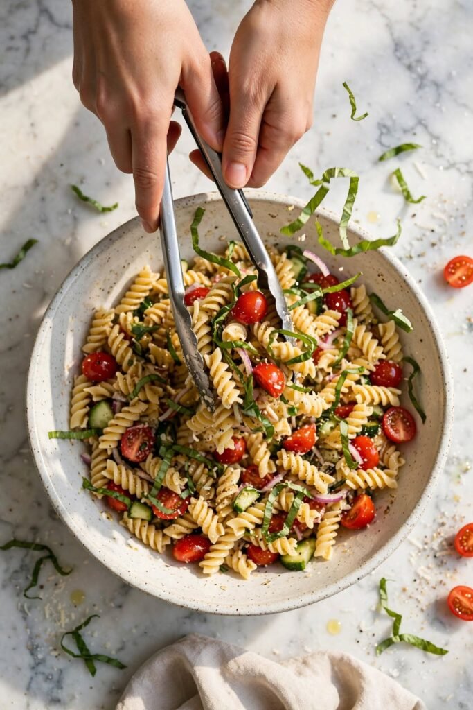 Finished lemon basil pasta salad being tossed with fresh basil and parmesan