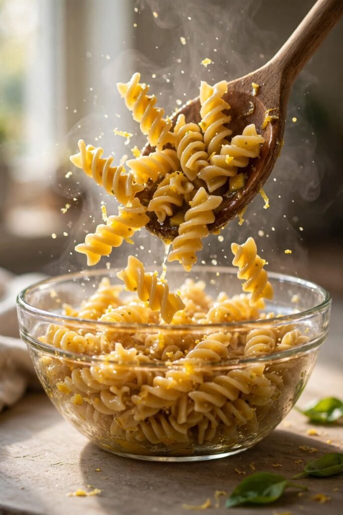 Warm pasta being tossed with lemon basil dressing in a glass bowl