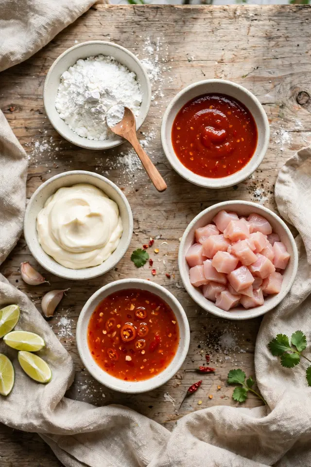 Flat-lay of bang bang chicken ingredients including raw chicken pieces, cornstarch, sriracha, mayonnaise, and sweet chili sauce"