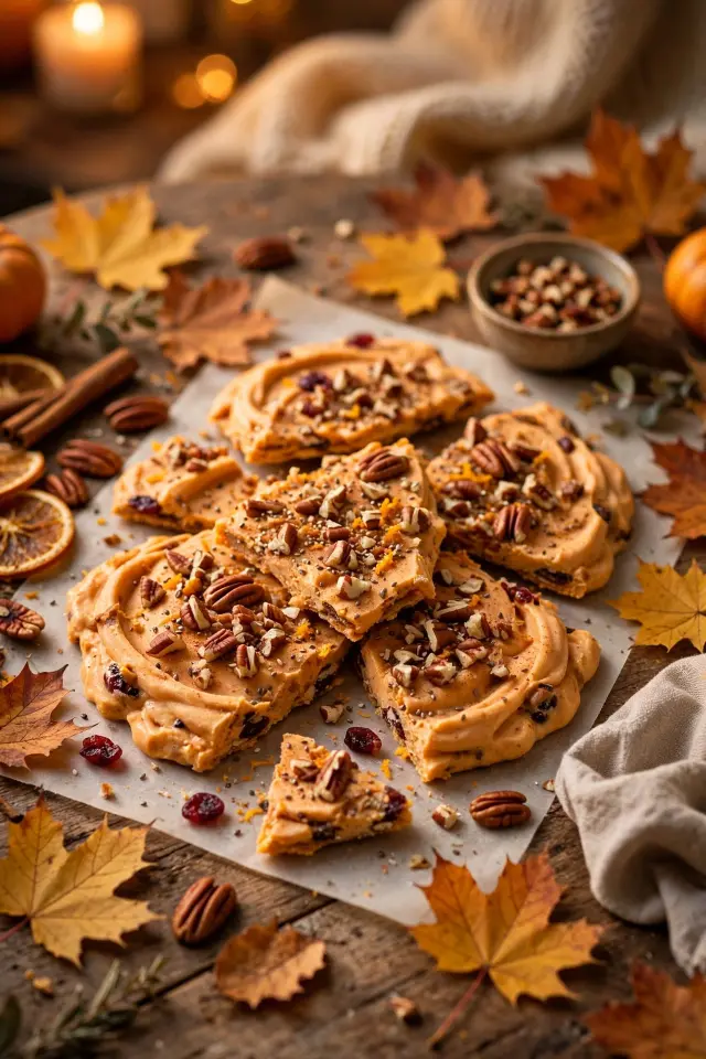 Pumpkin spice frozen yogurt bark with chopped pecans