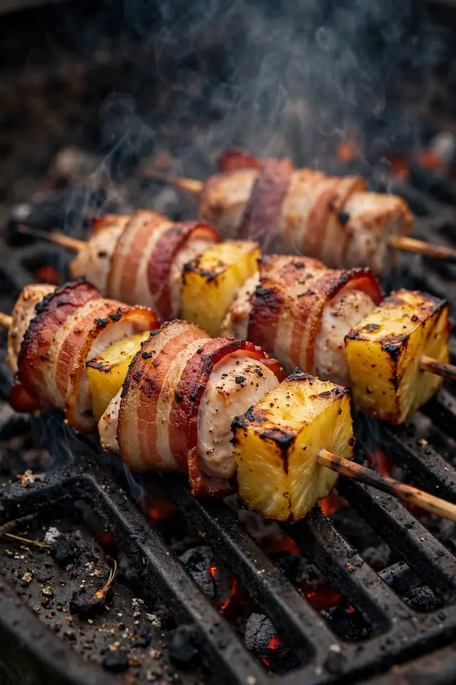 Bacon-wrapped grilled pineapple chicken skewers with crispy edges