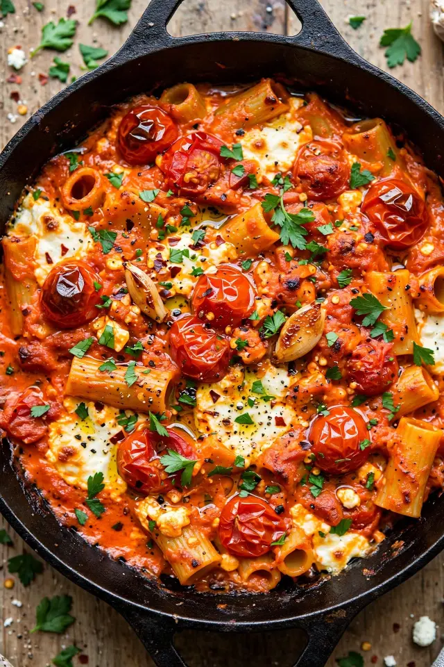 Roasted red pepper baked feta pasta in cast iron skillet
