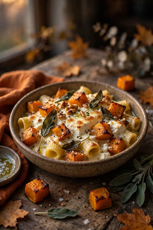 Pumpkin sage baked feta pasta for fall dinners
