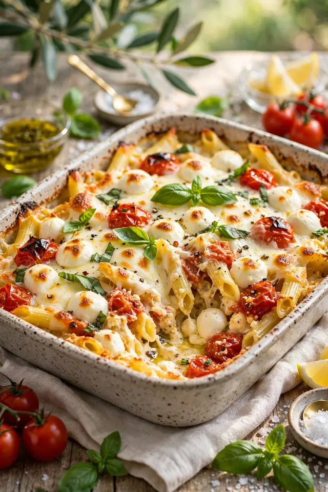 Caprese baked feta pasta with basil and mozzarella