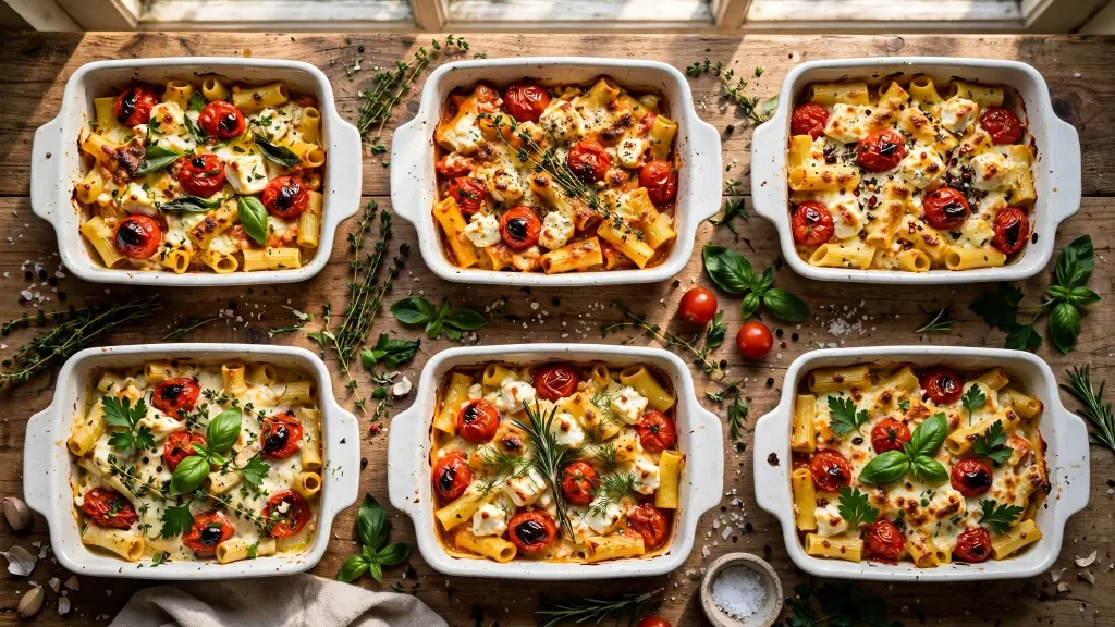 Collage of baked feta pasta recipes in ceramic baking dishes