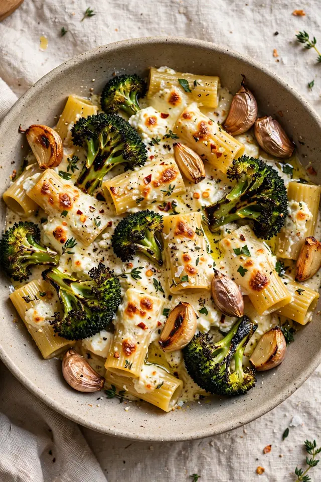 Broccoli and garlic baked feta pasta bake