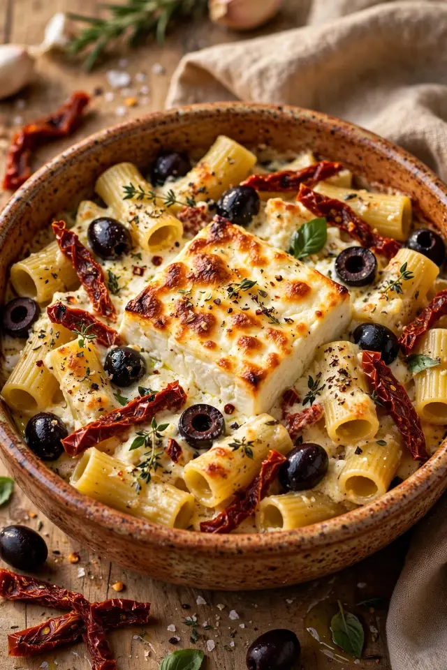 Sun-dried tomato and olive baked feta pasta