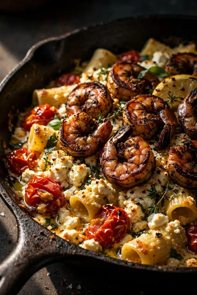Cajun shrimp baked feta pasta with spicy seasoning