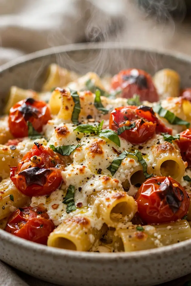 Classic baked feta pasta with cherry tomatoes and basil