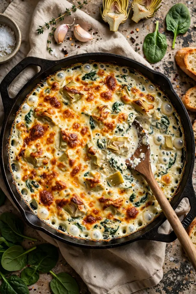 Baked spinach artichoke Greek yogurt dip, healthy party appetizer
