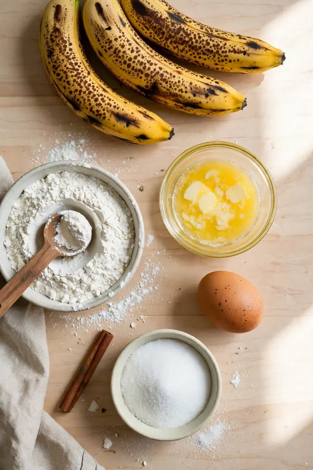 Banana bread recipe ingredients arranged on a wooden counter