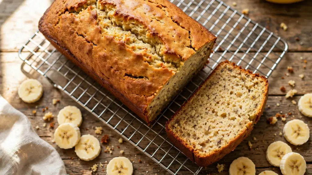 Sliced banana bread loaf on a cooling rack showing moist crumb