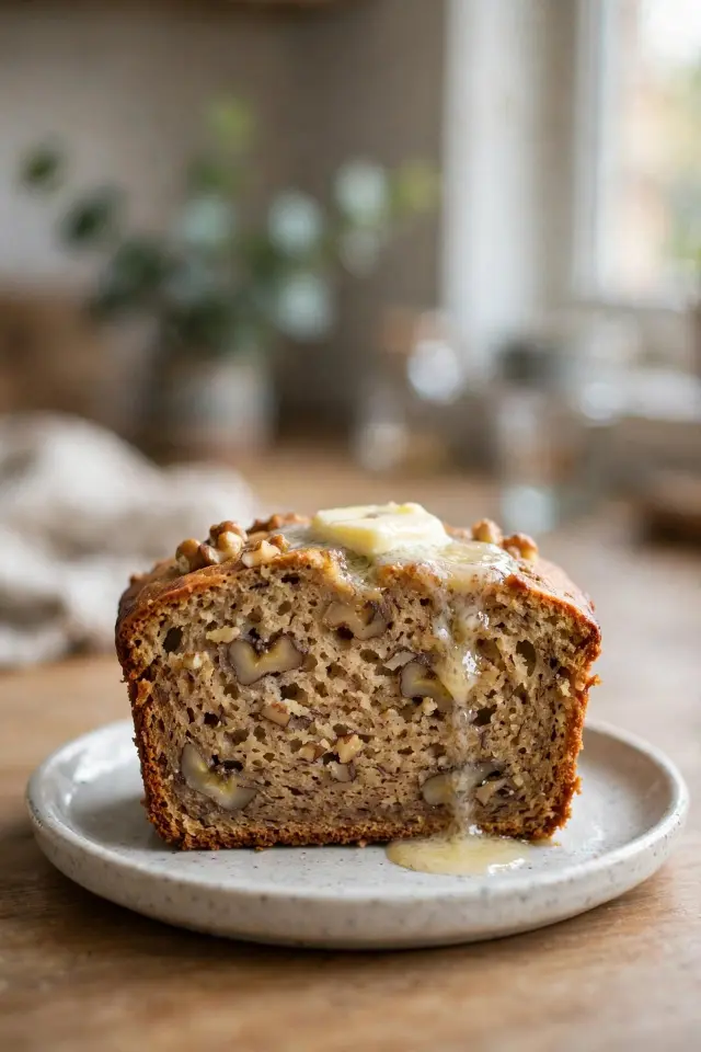Close-up of a buttered slice of moist banana bread