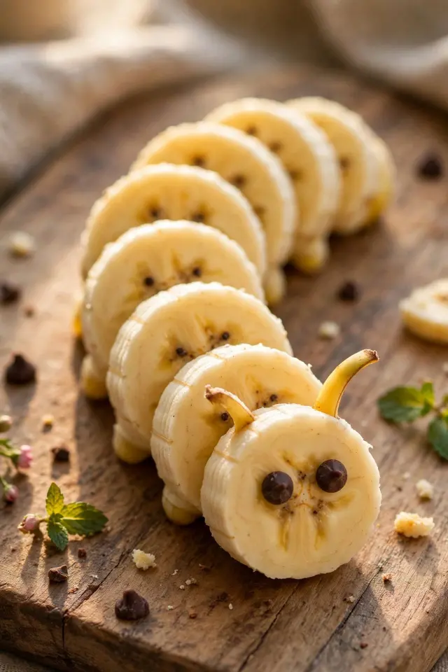 Banana caterpillar food art idea for kids breakfast