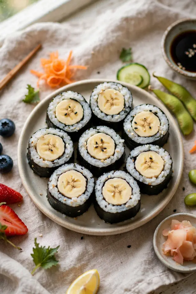 Banana sushi rolls, a creative fruit platter idea for kids