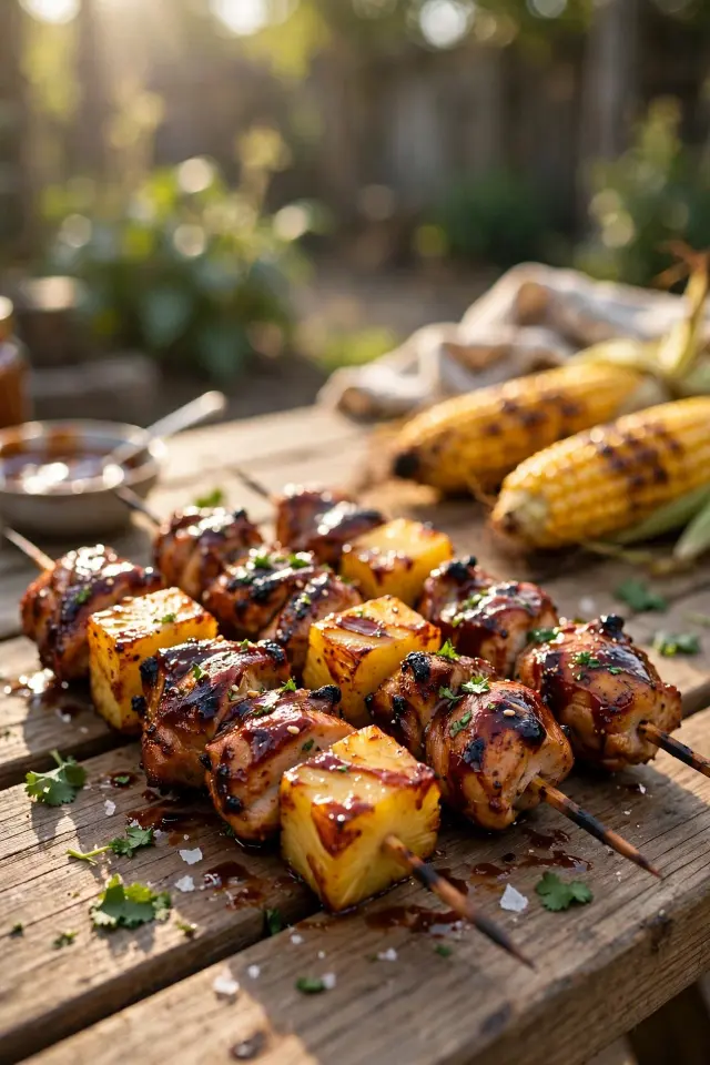 BBQ grilled pineapple chicken skewers with sticky glaze