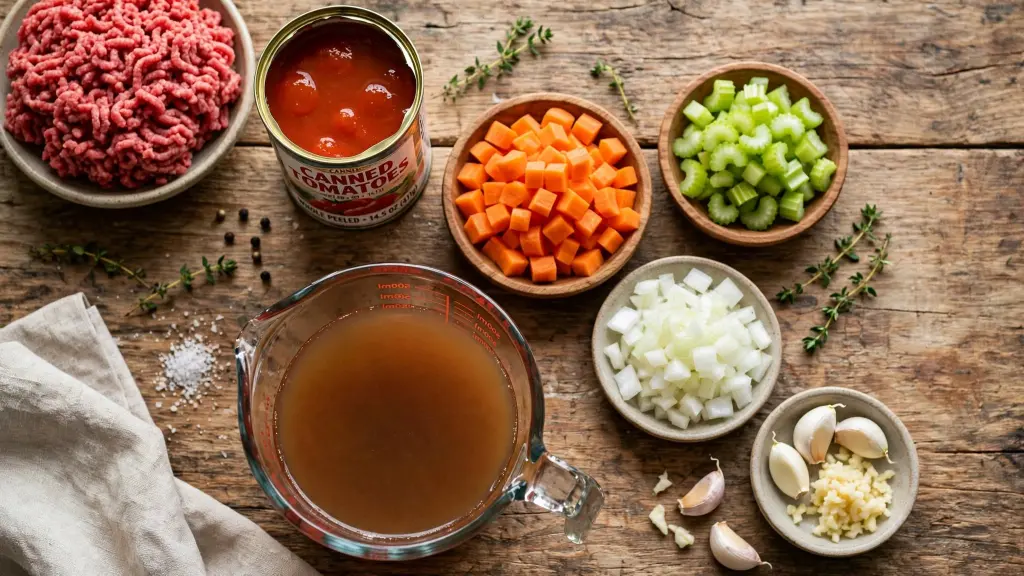 Ingredients for beefy tomato soup arranged on wooden countertop