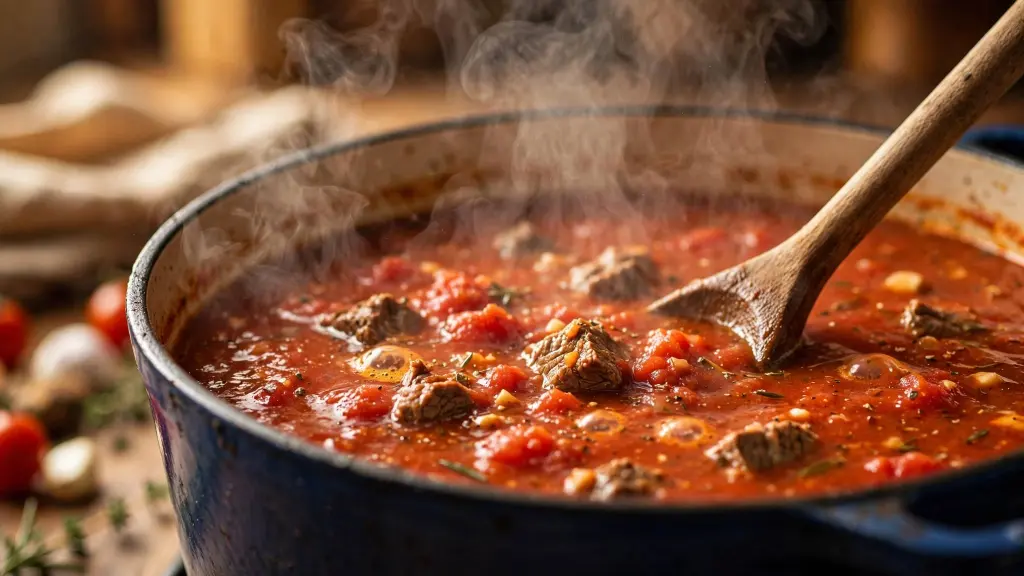 Beefy tomato soup simmering in a pot on the stove