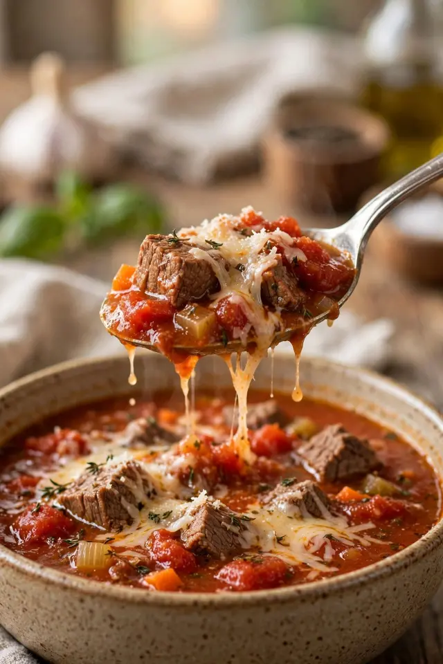 Spoonful of beefy tomato soup with melted parmesan