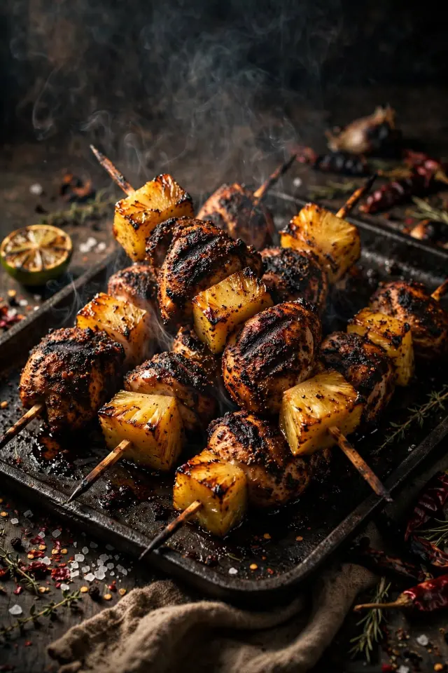 Cajun-spiced grilled pineapple chicken skewers with blackened crust