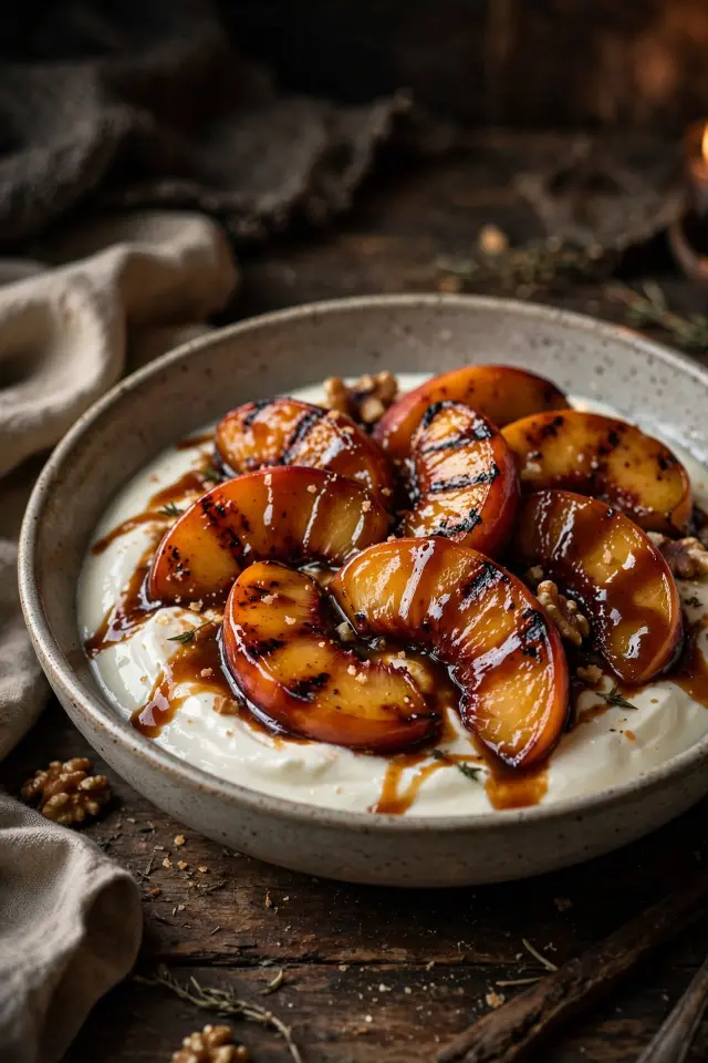 Bourbon glazed grilled peaches with vanilla yogurt