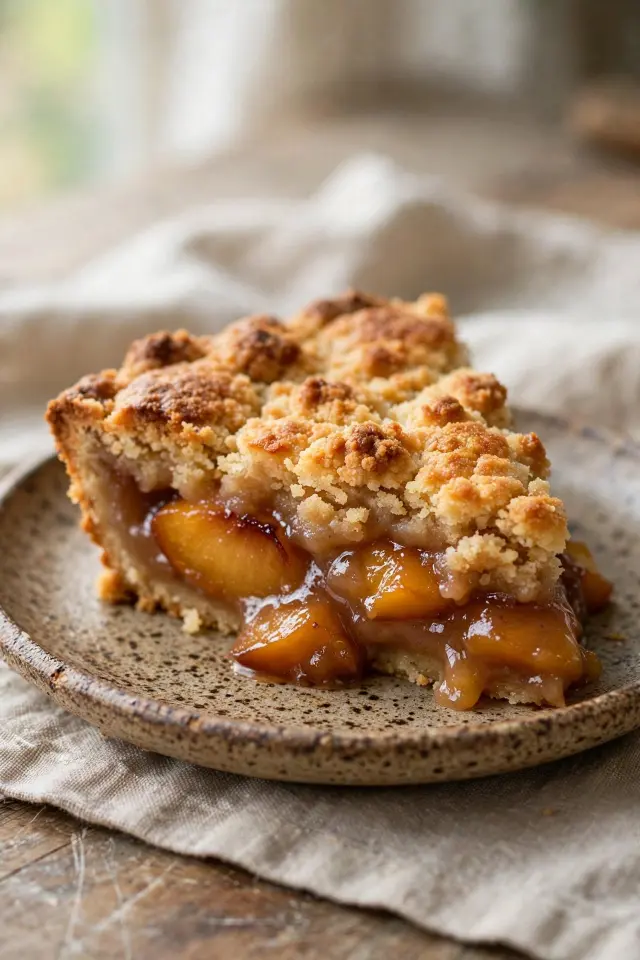 Brown butter peach cobbler slice with caramelized peach filling