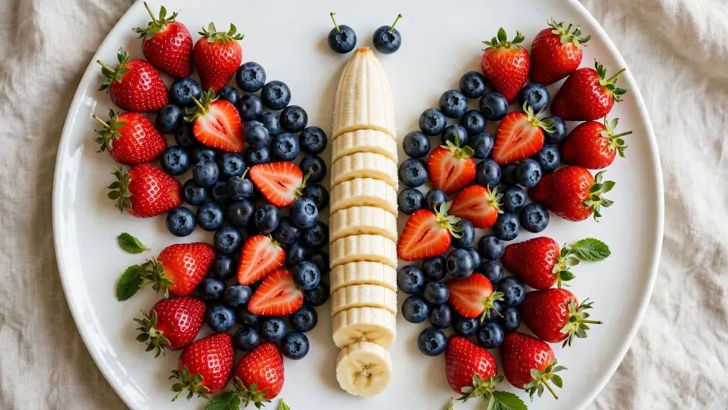 Collage of fruit platter for kids ideas arranged on a wooden table