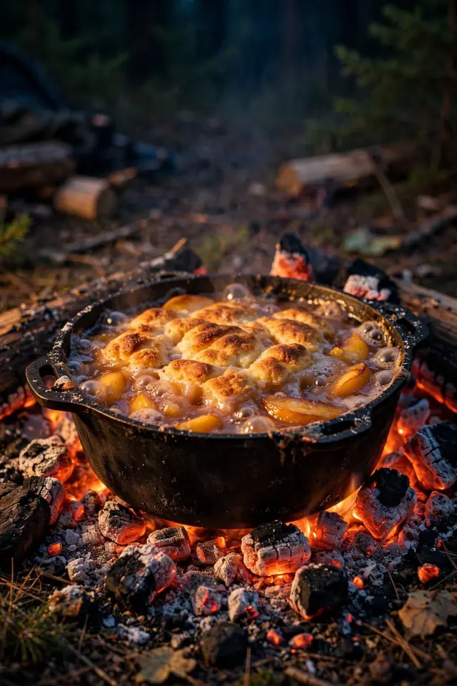 Campfire Dutch oven peach cobbler with golden bubbling topping