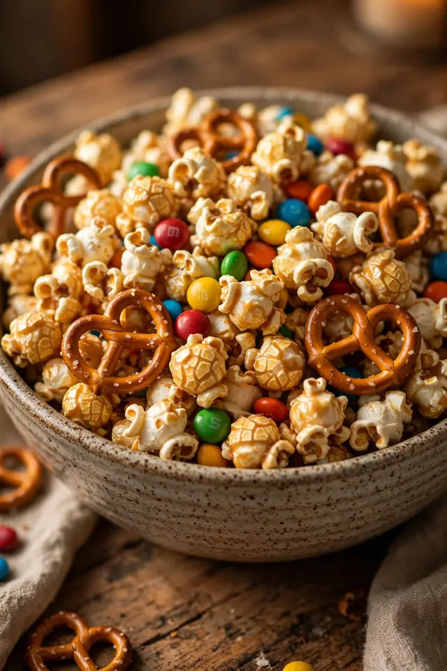 Caramel popcorn snack mix, a sweet and salty sleepover food snacks idea