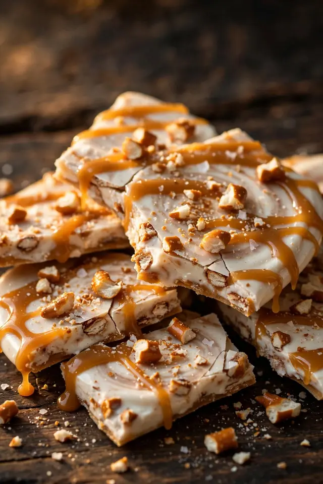 Caramel pretzel frozen yogurt bark with crushed pretzels