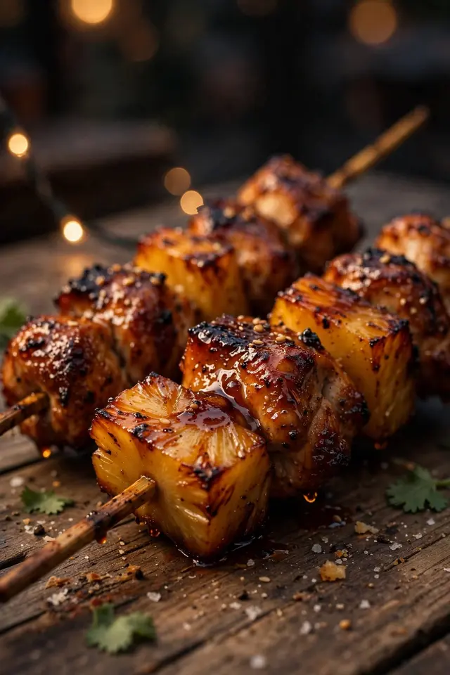 Maple bourbon glazed pineapple chicken skewers close-up