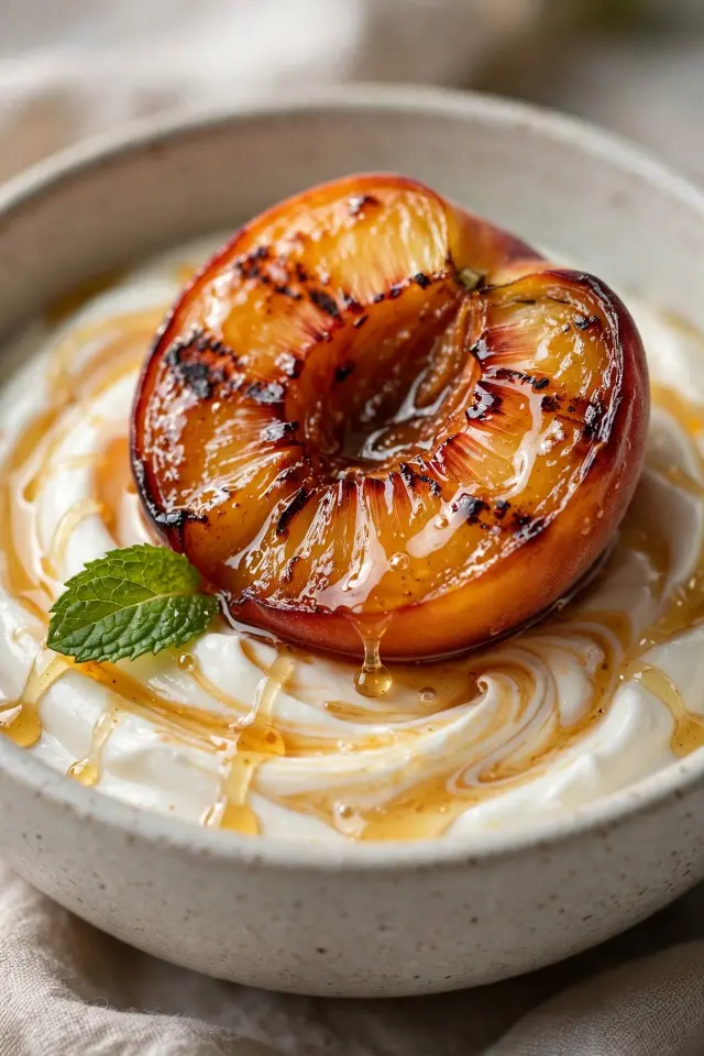 Grilled peach half on honey yogurt with mint and honey drizzle