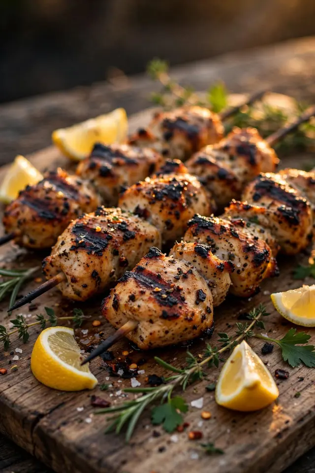 Yogurt marinated grilled chicken skewers, healthy party appetizer