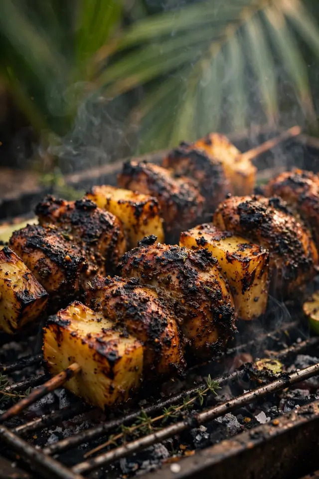 Jerk-spiced grilled pineapple chicken skewers with charred pineapple