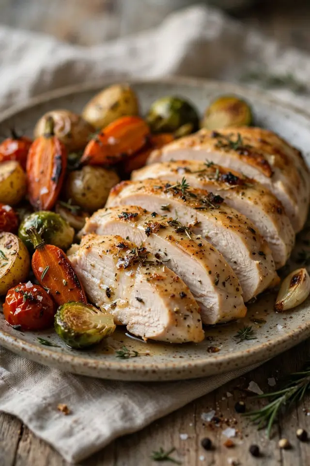 Sliced baked chicken breast plated with roasted vegetables