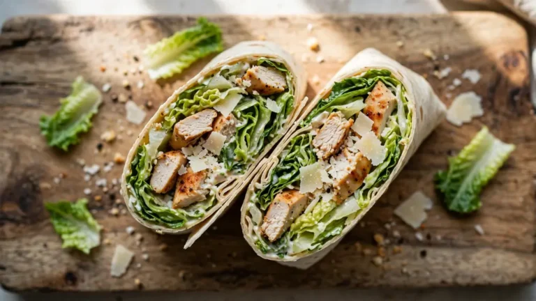 Chicken caesar wrap sliced in half showing chicken, romaine, and parmesan filling