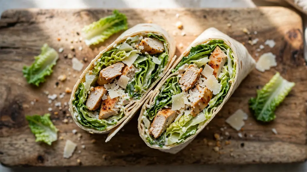 Chicken caesar wrap sliced in half showing chicken, romaine, and parmesan filling