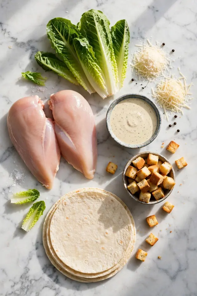 Ingredients for chicken caesar wrap arranged flat lay on countertop
