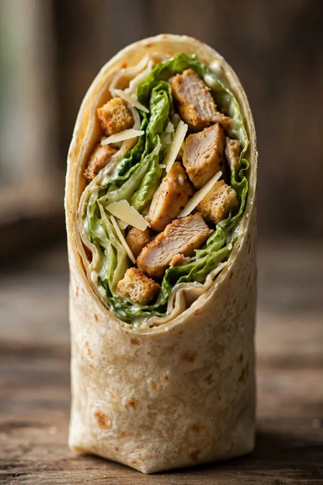 Close-up of chicken caesar wrap halves showing chicken and romaine layers