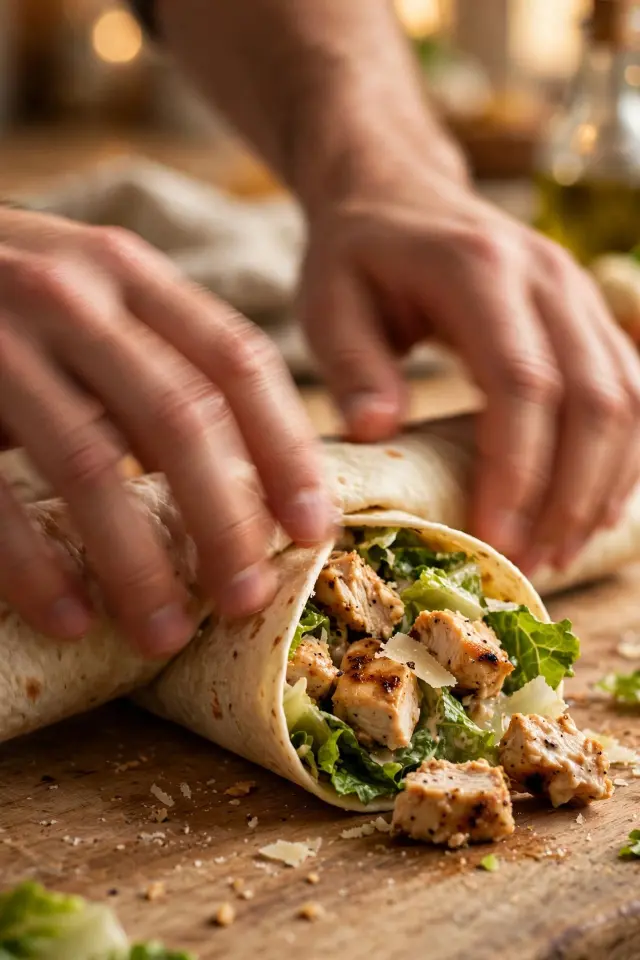 Hands rolling a chicken caesar wrap filled with chicken and romaine